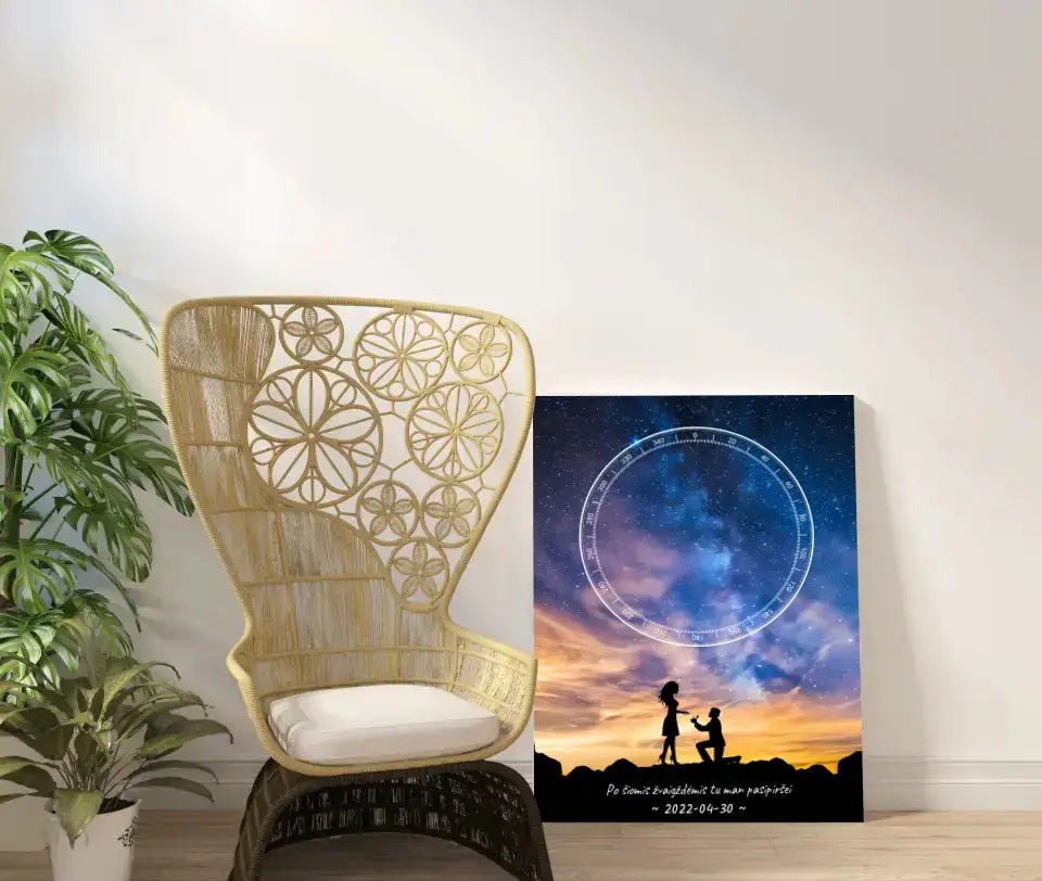 Personalizuotas žvaigždžių žemėlapis ant drobės, su santuokos pasiūlymo siluetu Drobe - dovanokis.lt