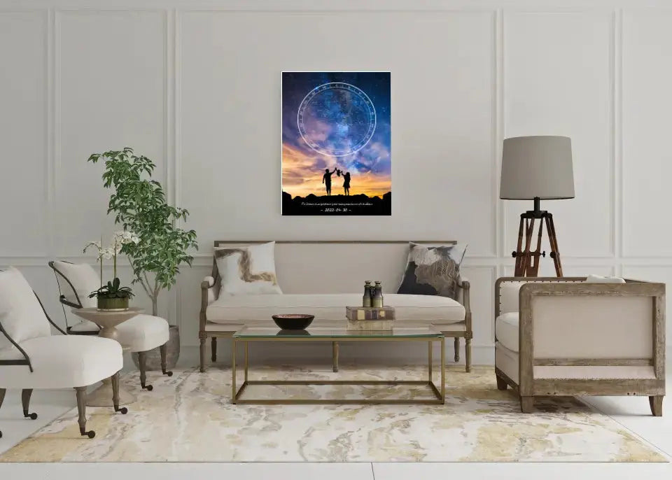 Personalizuotas žvaigždžių žemėlapis ant drobės, su šeimos pasirinktu siluetu Drobe - dovanokis.lt