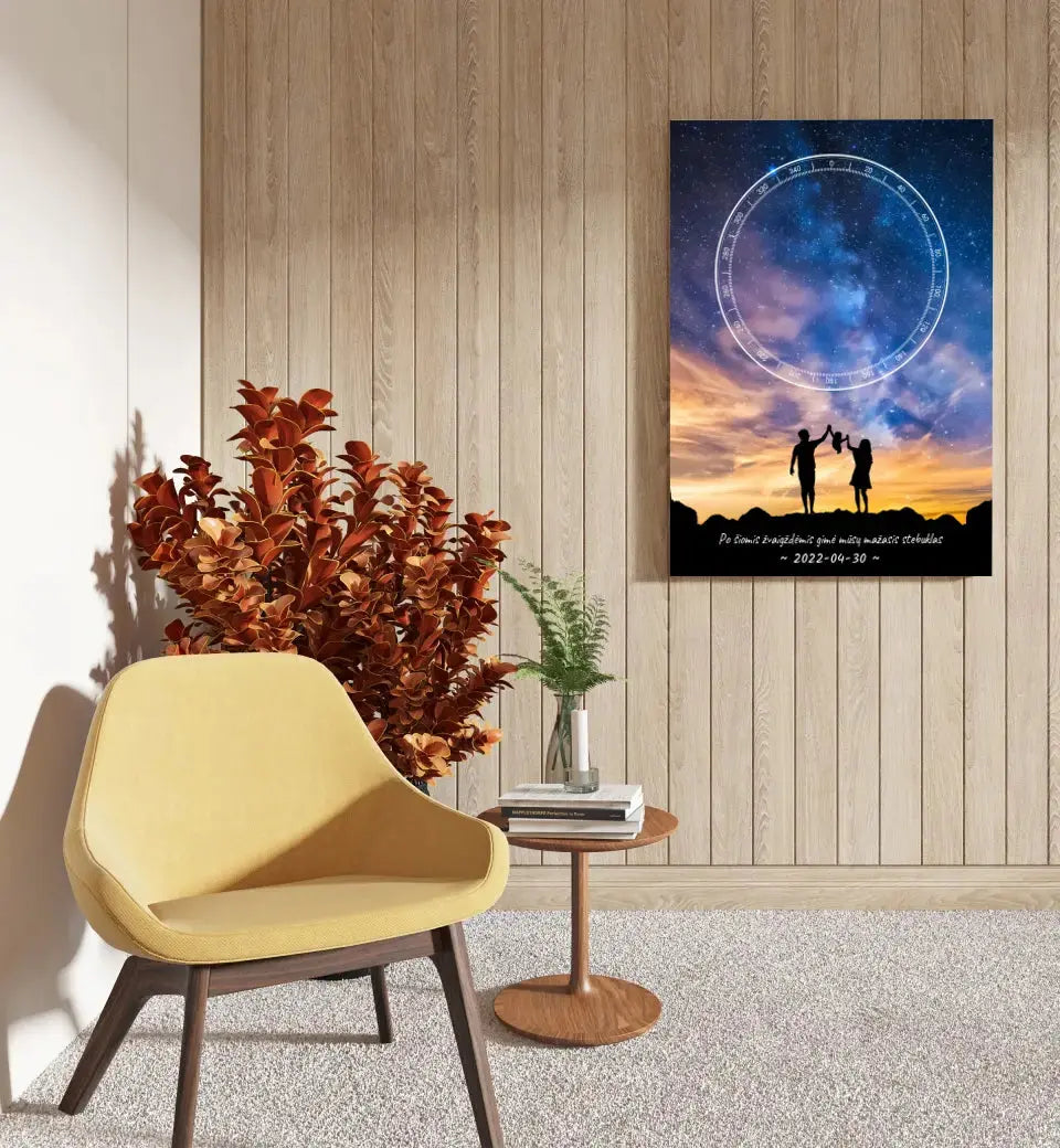 Personalizuotas žvaigždžių žemėlapis ant drobės, su šeimos pasirinktu siluetu Drobe - dovanokis.lt
