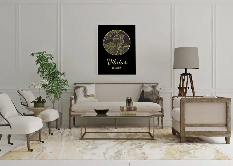 Personalizuotas auksinis, sidabrinis, bronzinis spaudinys ant drobės su jūsų buvimo vieta Drobe - dovanokis.lt