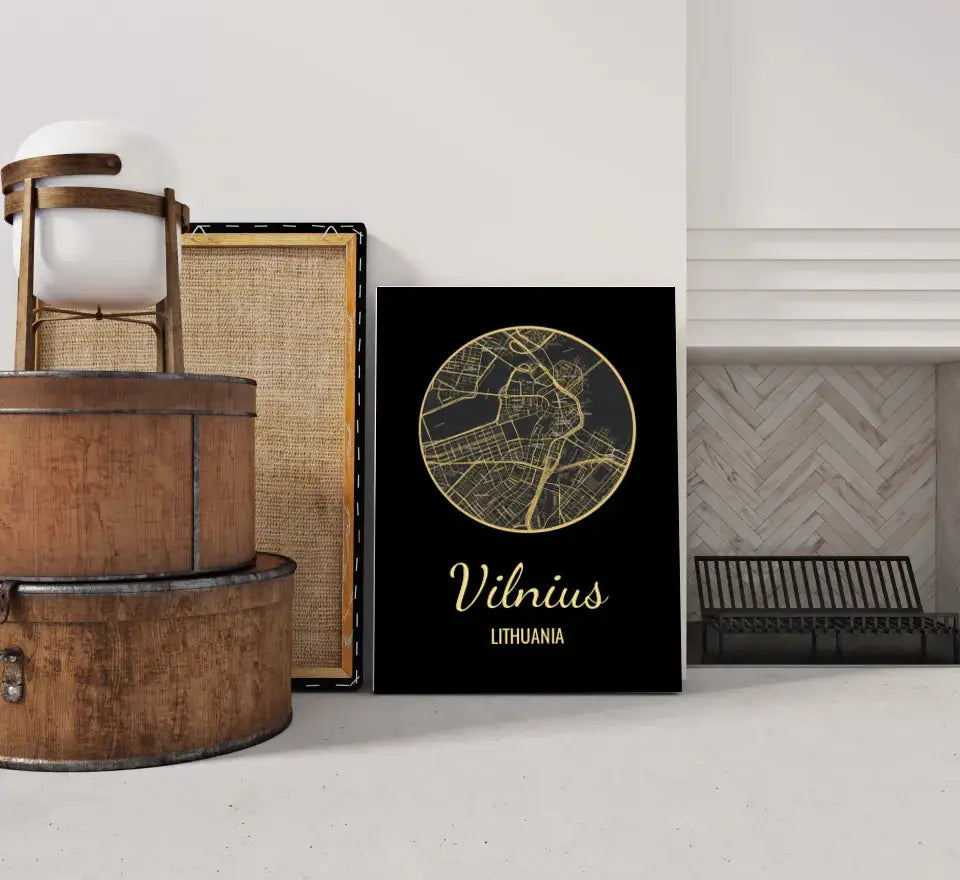 Personalizuotas auksinis, sidabrinis, bronzinis spaudinys ant drobės su jūsų buvimo vieta Drobe - dovanokis.lt