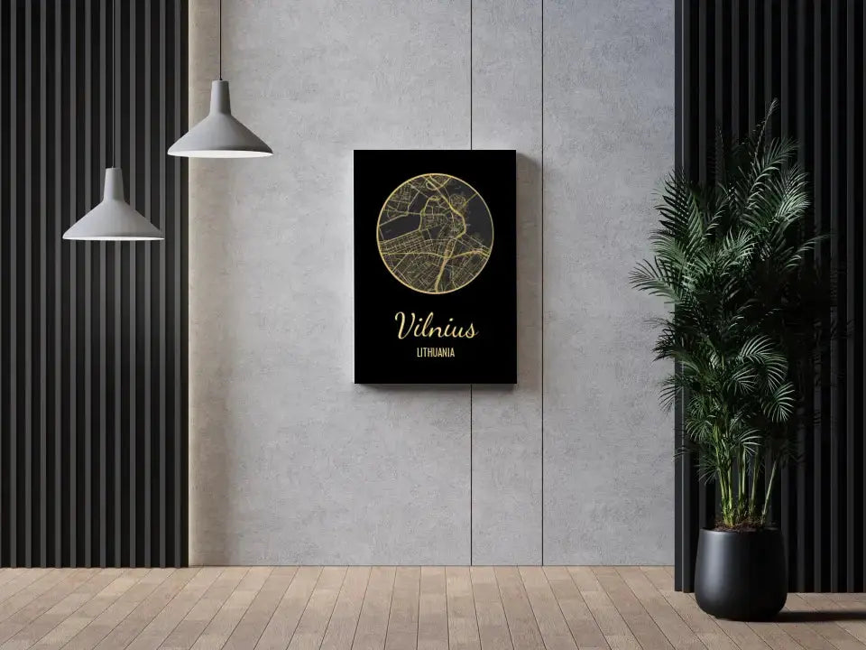 Personalizuotas auksinis, sidabrinis, bronzinis spaudinys ant drobės su jūsų buvimo vieta Drobe - dovanokis.lt