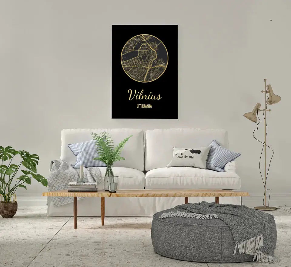 Personalizuotas auksinis, sidabrinis, bronzinis spaudinys ant drobės su jūsų buvimo vieta Drobe - dovanokis.lt