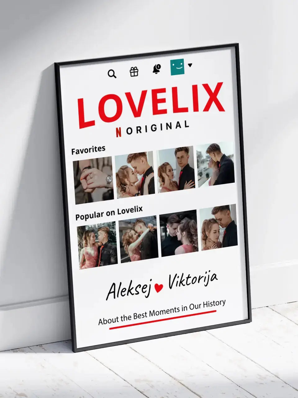 Personalizuotas "Lovelix" dizaino įrėmintas plakatas su jūsų nuotraukomis ir vardais Posteris(Plakatas) - dovanokis.lt