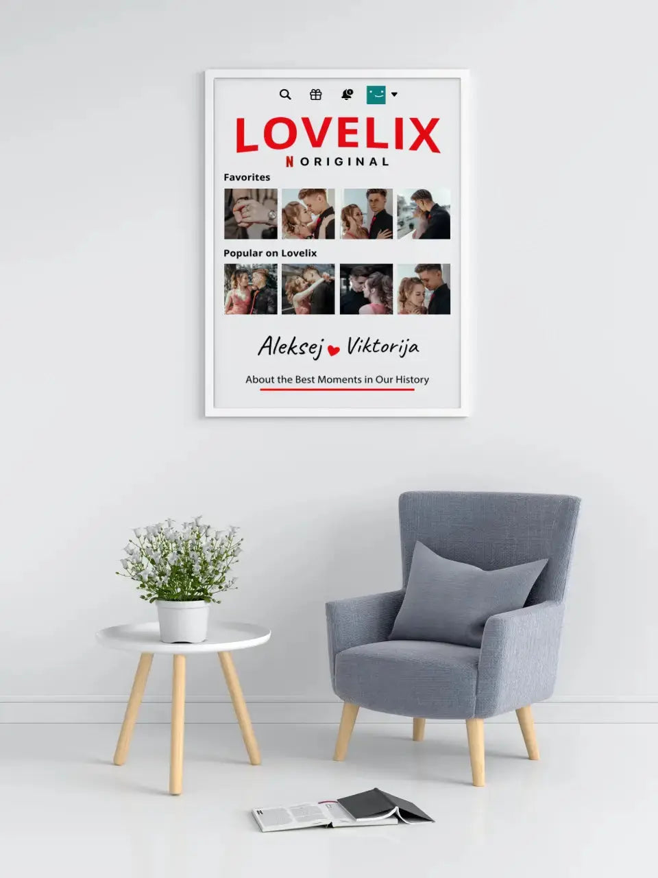 Personalizuotas "Lovelix" dizaino įrėmintas plakatas su jūsų nuotraukomis ir vardais Posteris(Plakatas) - dovanokis.lt