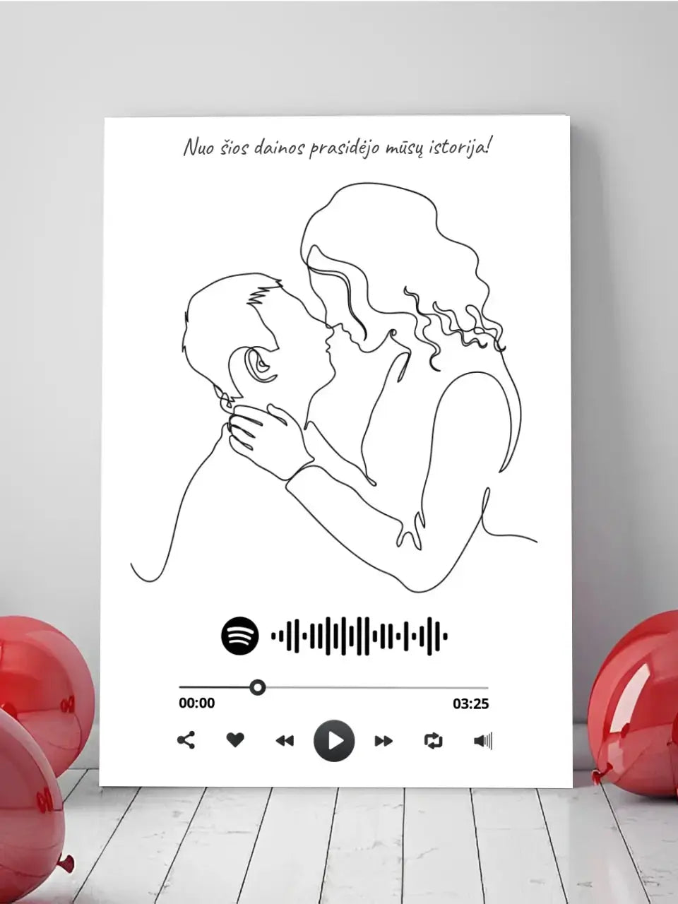 Personalizuotas Spotify muzikos grotuvas ant drobės su iliustracija, jūsų nuotrauka, daina ir spotify kodu Drobe - dovanokis.lt