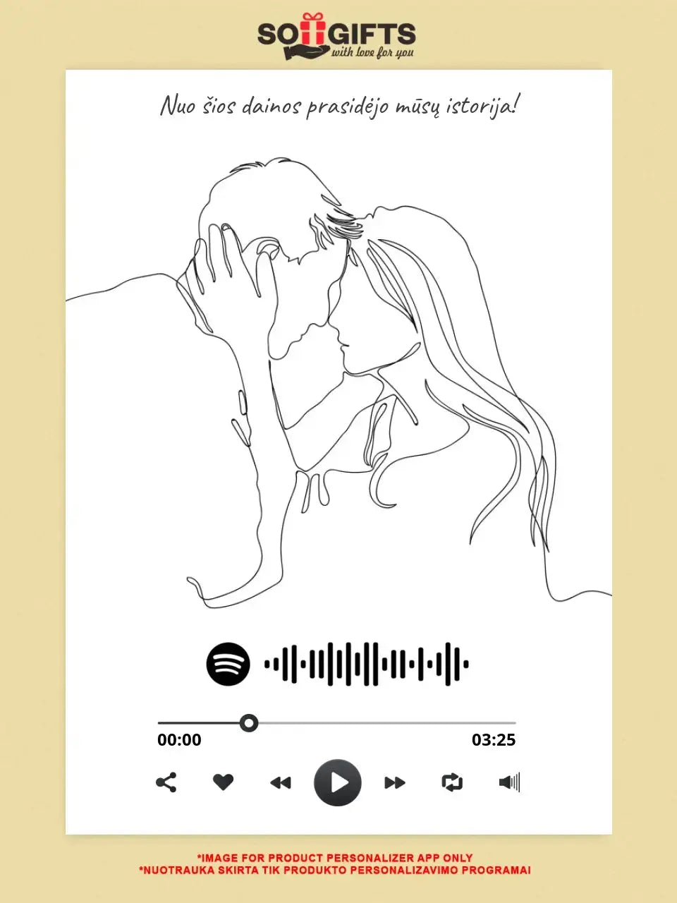 Personalizuotas Spotify muzikos grotuvas ant drobės su iliustracija, jūsų nuotrauka, daina ir spotify kodu Drobe - dovanokis.lt