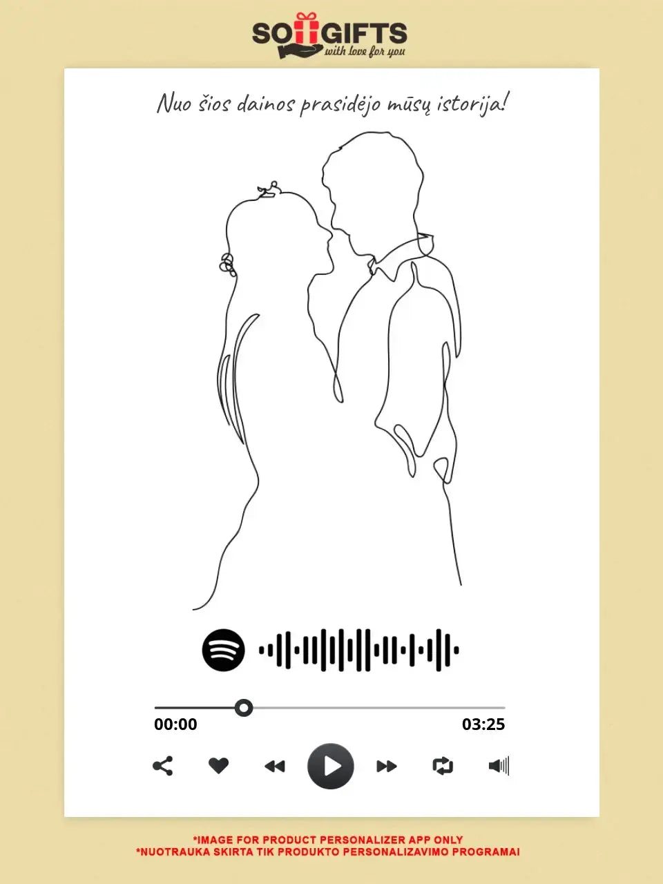 Personalizuotas Spotify muzikos grotuvas ant drobės su iliustracija, jūsų nuotrauka, daina ir spotify kodu Drobe - dovanokis.lt