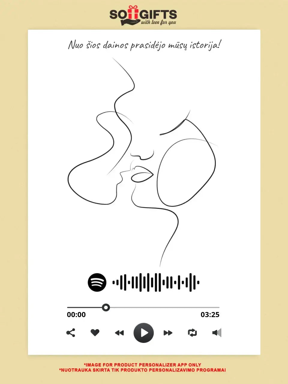 Personalizuotas Spotify muzikos grotuvas ant drobės su iliustracija, jūsų nuotrauka, daina ir spotify kodu Drobe - dovanokis.lt