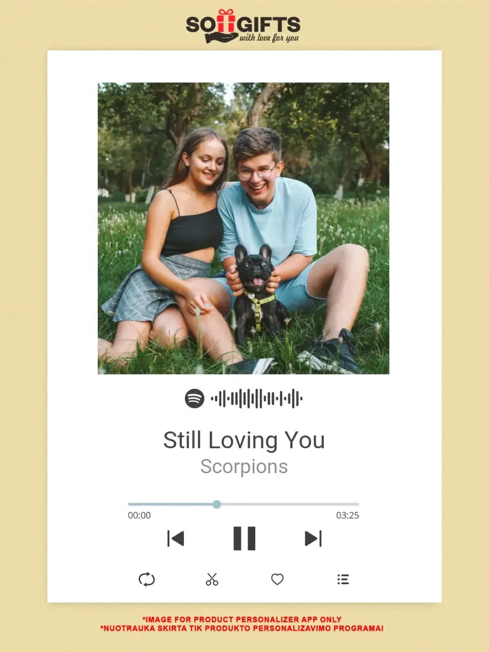 Personalizuotas Spotify muzikos grotuvas ant drobės su jūsų nuotrauka, daina ir spotify kodu Drobe - dovanokis.lt