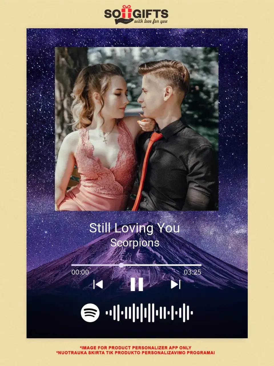 Personalizuotas Spotify muzikos grotuvas ant drobės su jūsų nuotrauka, daina ir spotify kodu Drobe - dovanokis.lt