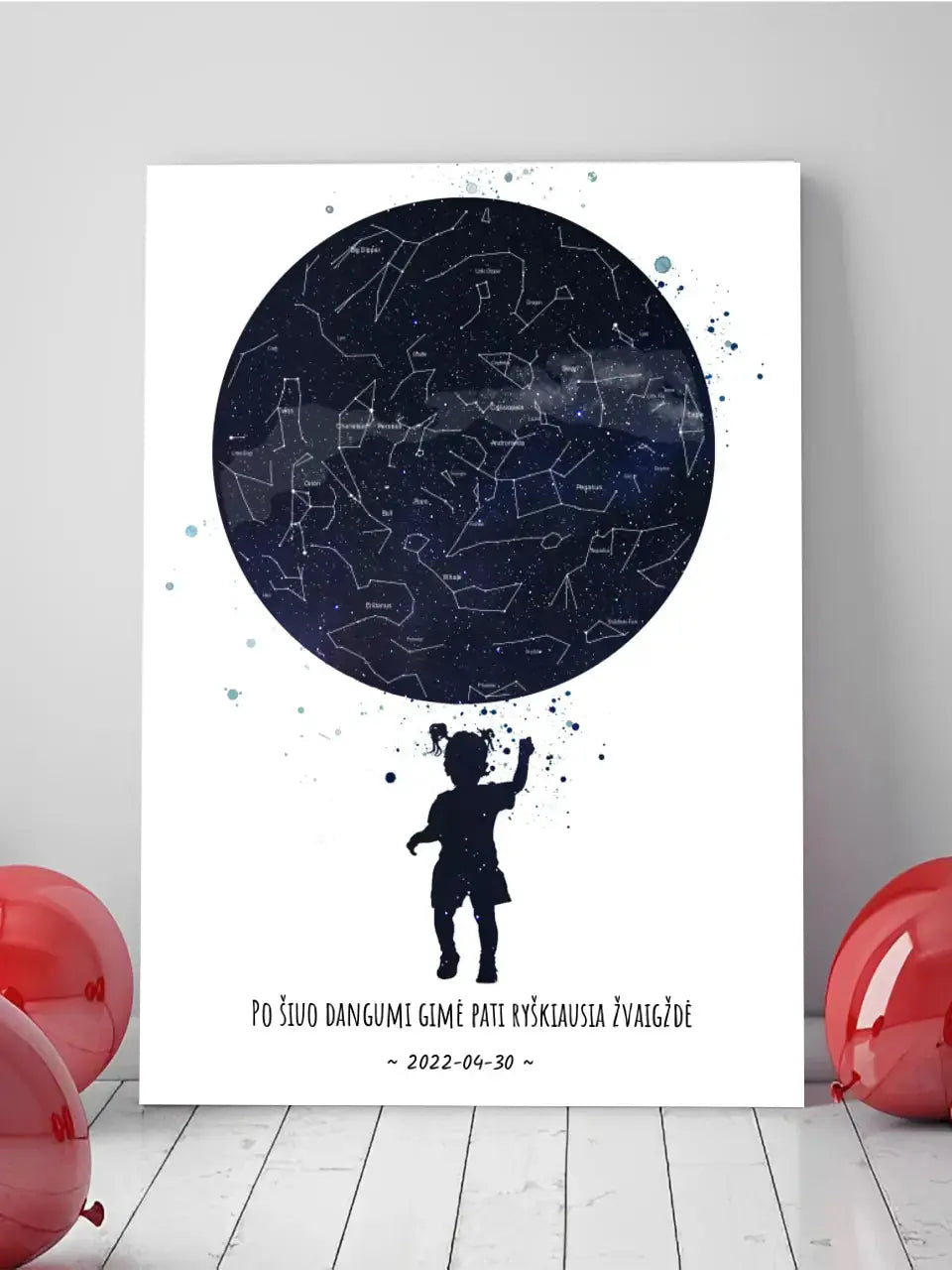 Personalizuotas vaikiškas žvaigždžių žemėlapis mergaitei ant drobės Drobe - dovanokis.lt