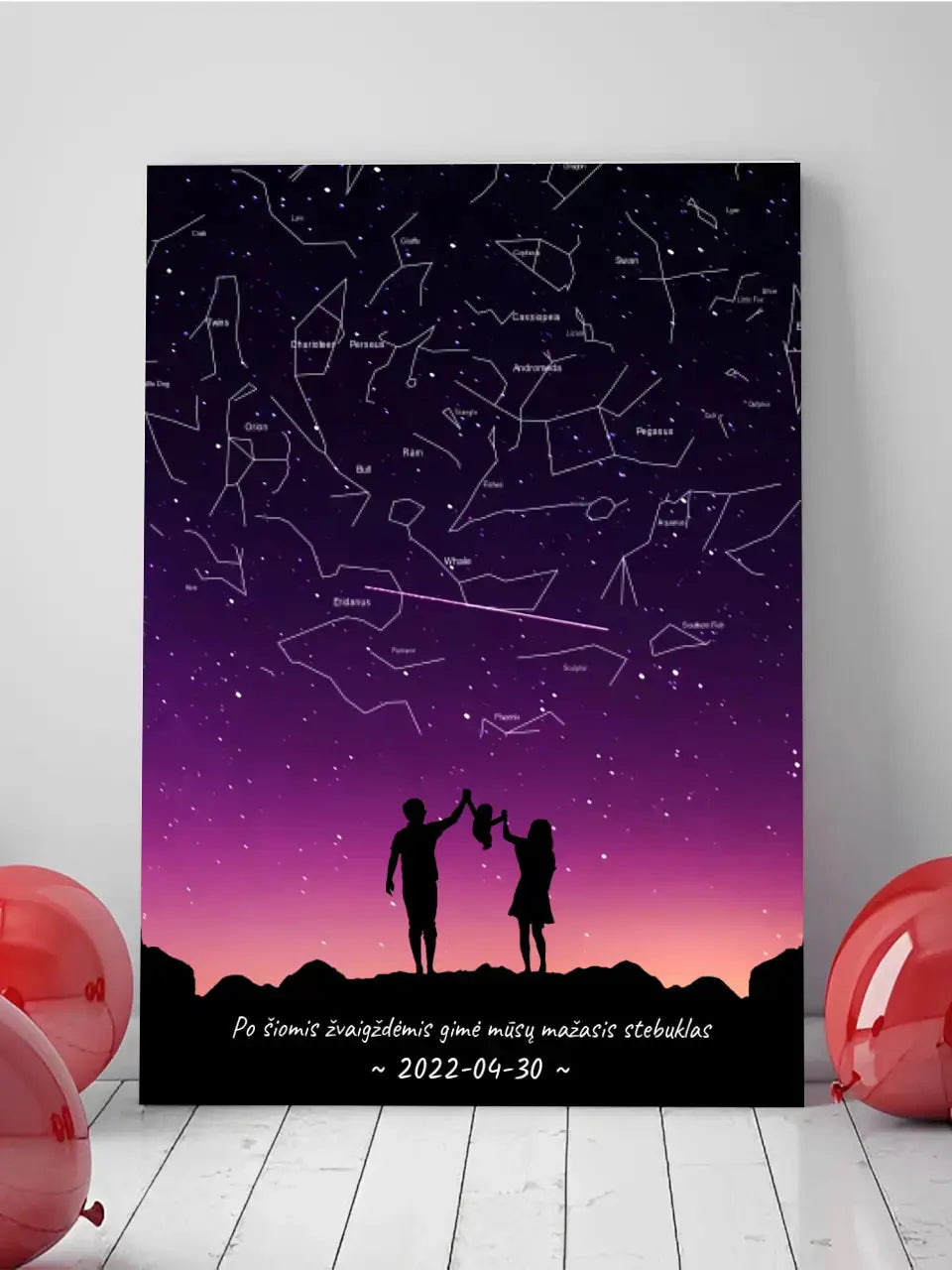 Personalizuotas viso spektro žvaigždžių žemėlapis ant drobės, su Šeimos pasirinktu siluetu Drobe - dovanokis.lt