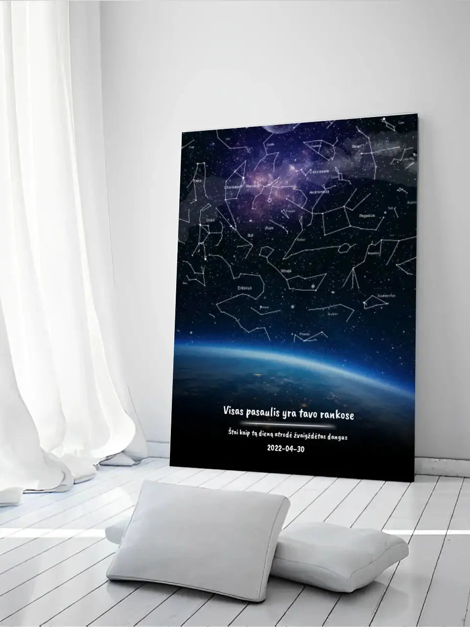 Personalizuotas viso spektro žvaigždžių žemėlapis ant drobės, žemės mėlynas šešėlis Drobe - dovanokis.lt