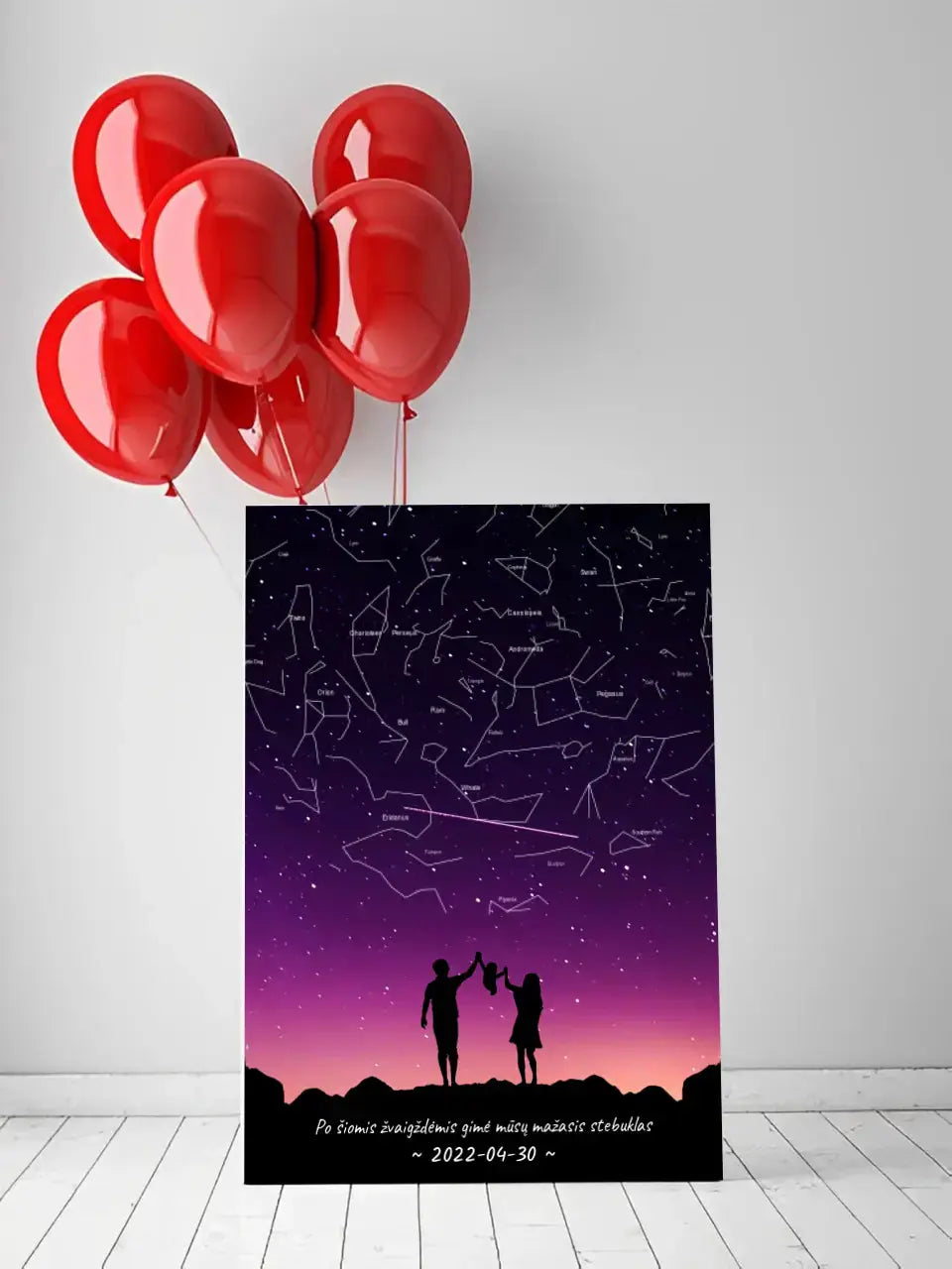 Personalizuotas viso spektro žvaigždžių žemėlapis ant drobės, su Šeimos pasirinktu siluetu Drobe - dovanokis.lt