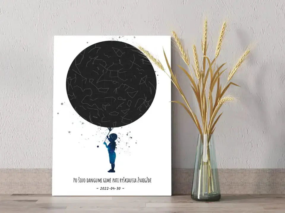 Personalizuotas vaikiškas žvaigždžių žemėlapis berniukui ant drobės Drobe - dovanokis.lt