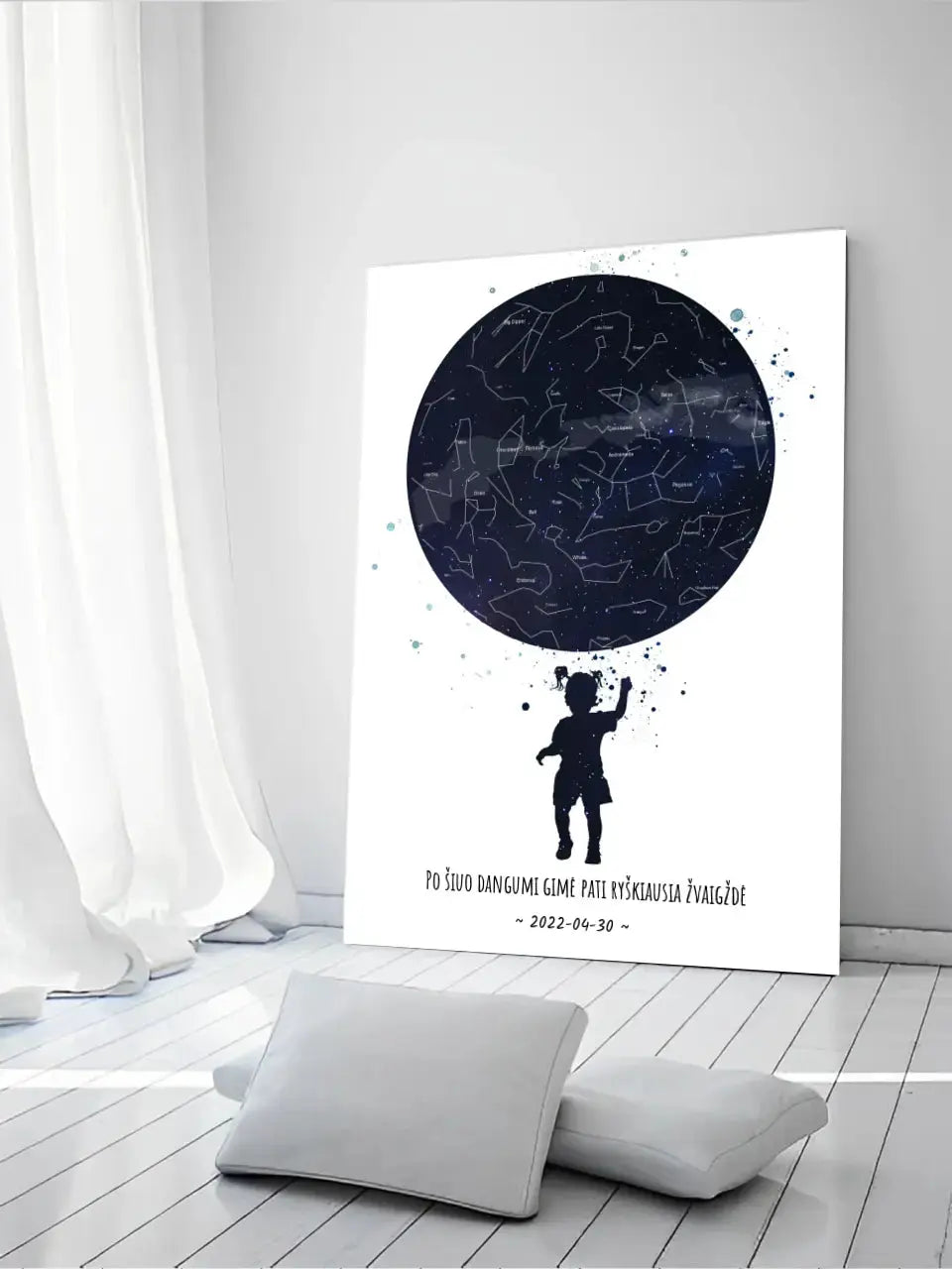 Personalizuotas vaikiškas žvaigždžių žemėlapis mergaitei ant drobės Drobe - dovanokis.lt