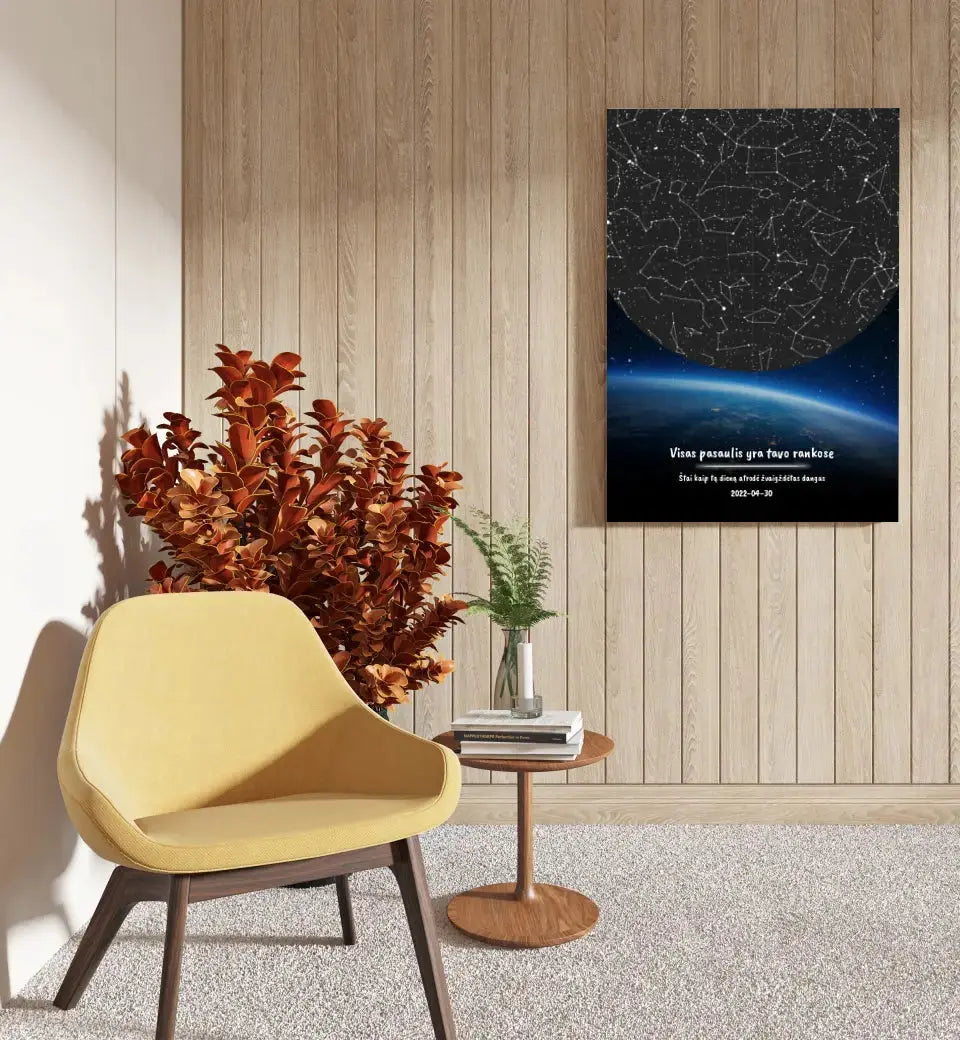 Personalizuotas viso spektro žvaigždžių žemėlapis ant drobės, žemės mėlynas šešėlis Drobe - dovanokis.lt