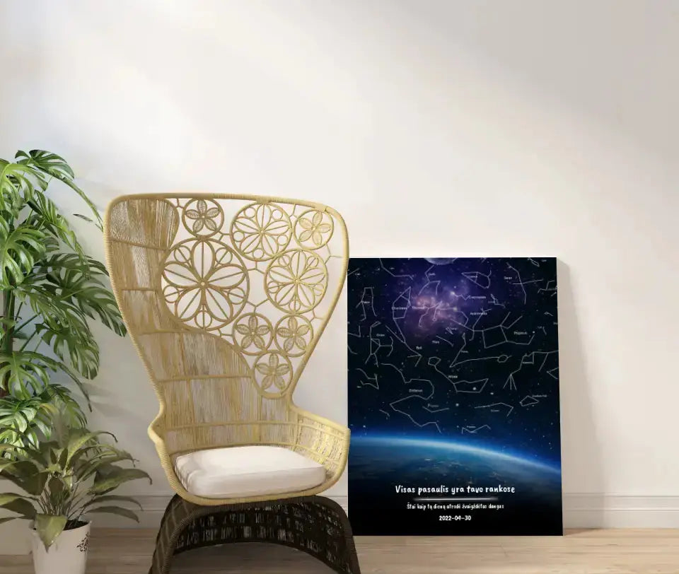 Personalizuotas viso spektro žvaigždžių žemėlapis ant drobės, žemės mėlynas šešėlis Drobe - dovanokis.lt