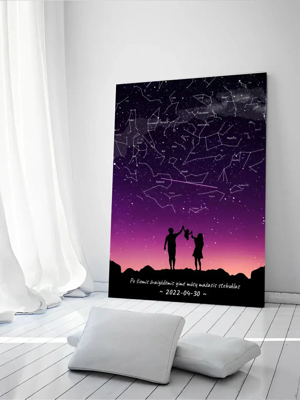 Personalizuotas viso spektro žvaigždžių žemėlapis ant drobės, su Šeimos pasirinktu siluetu Drobe - dovanokis.lt