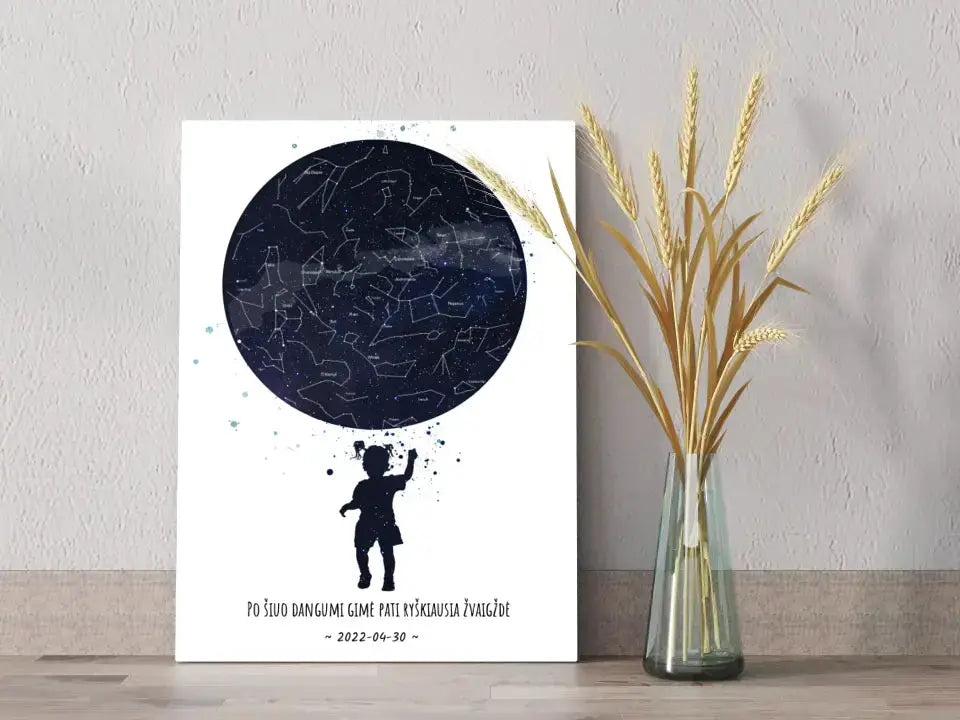 Personalizuotas vaikiškas žvaigždžių žemėlapis mergaitei ant drobės Drobe - dovanokis.lt