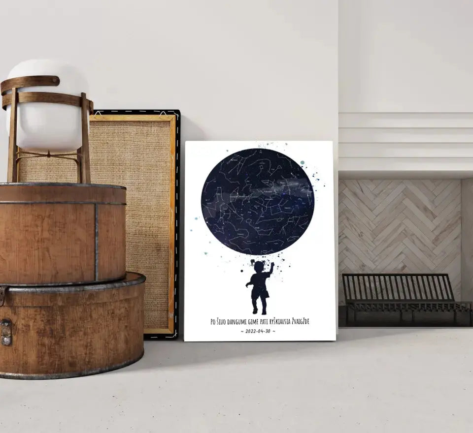 Personalizuotas vaikiškas žvaigždžių žemėlapis mergaitei ant drobės Drobe - dovanokis.lt