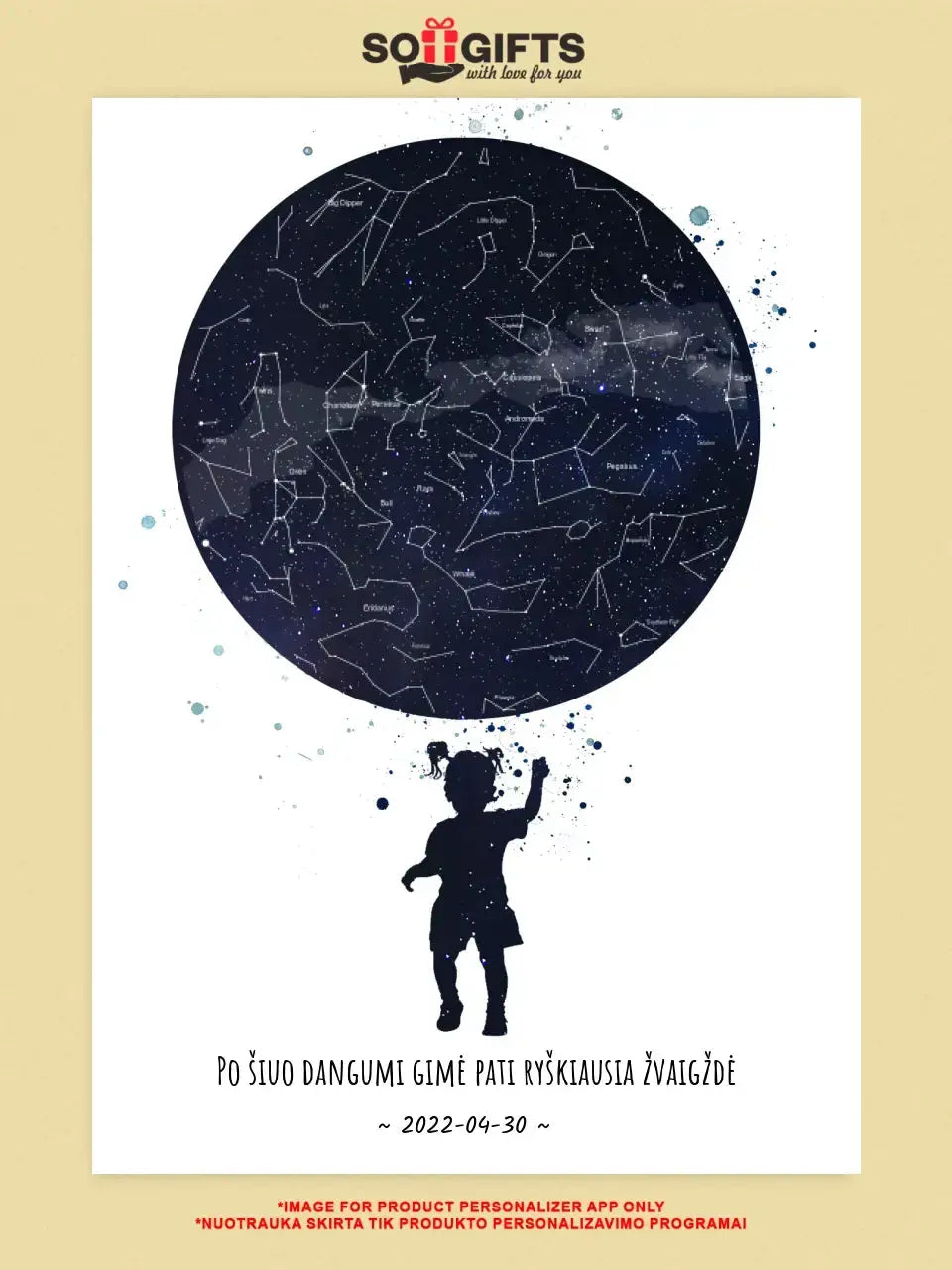 Personalizuotas vaikiškas žvaigždžių žemėlapis mergaitei ant drobės Drobe - dovanokis.lt
