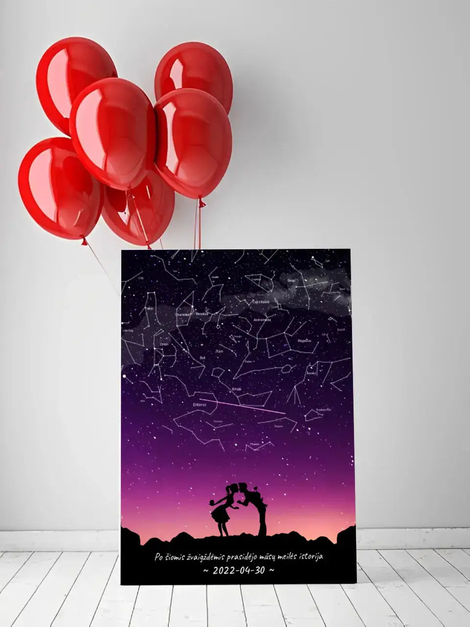 Personalizuotas viso spektro žvaigždžių žemėlapis ant drobės, su Meilės istorijos pasirinktu siluetu Drobe - dovanokis.lt
