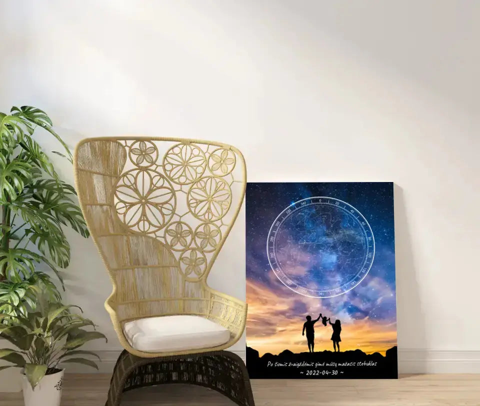 Personalizuotas žvaigždžių žemėlapis ant drobės, su šeimos pasirinktu siluetu Drobe - dovanokis.lt