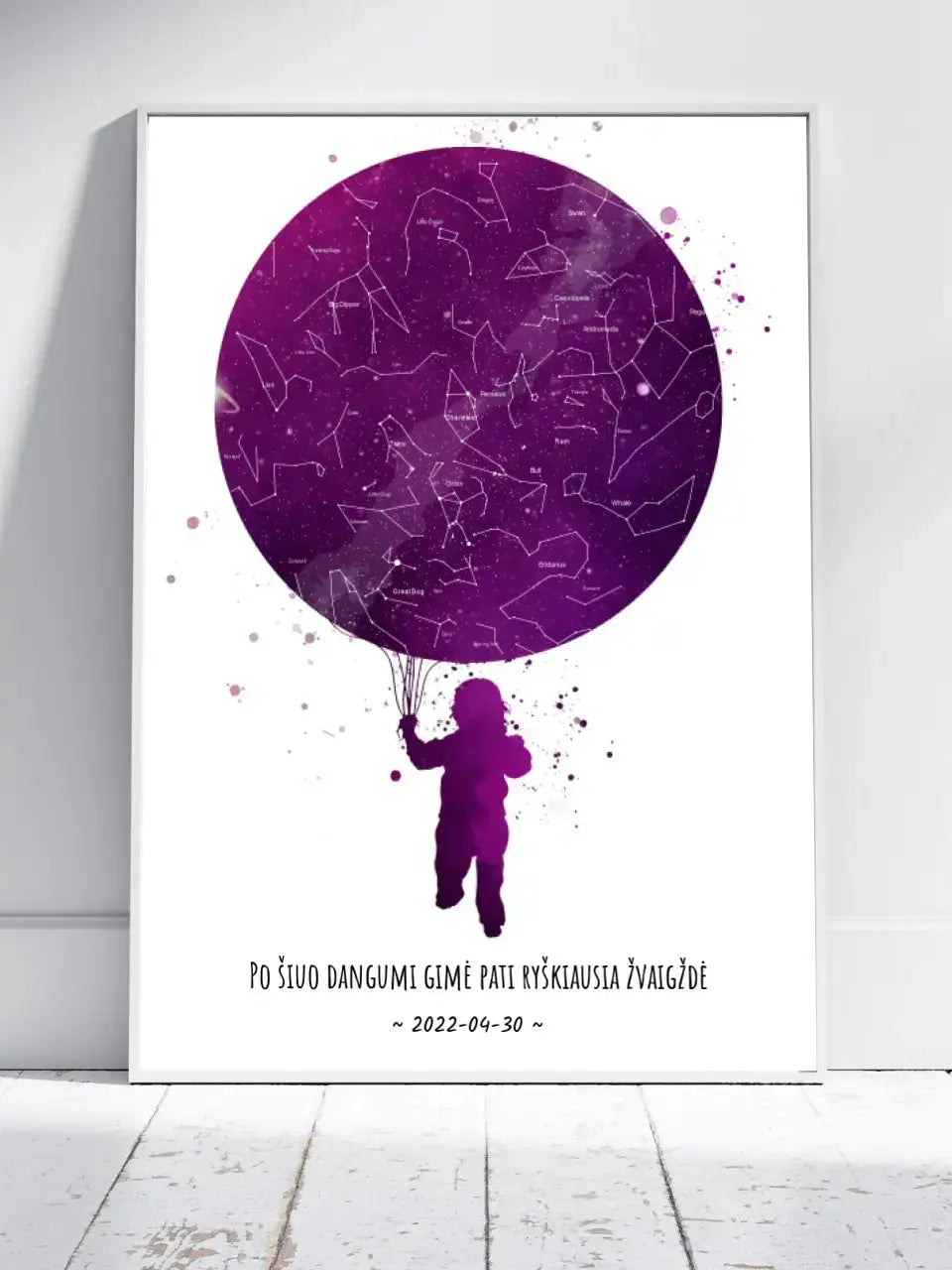 Personalizuotas vaikiškas žvaigždžių žemėlapis, plakatas su rėmeliu Poster - dovanokis.lt