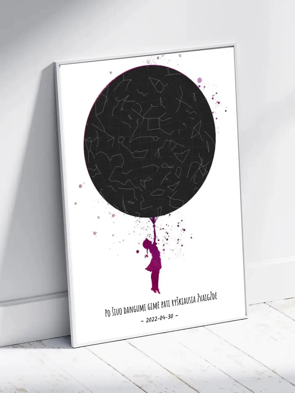 Personalizuotas vaikiškas žvaigždžių žemėlapis mergaitei, plakatas su rėmeliu Poster - dovanokis.lt