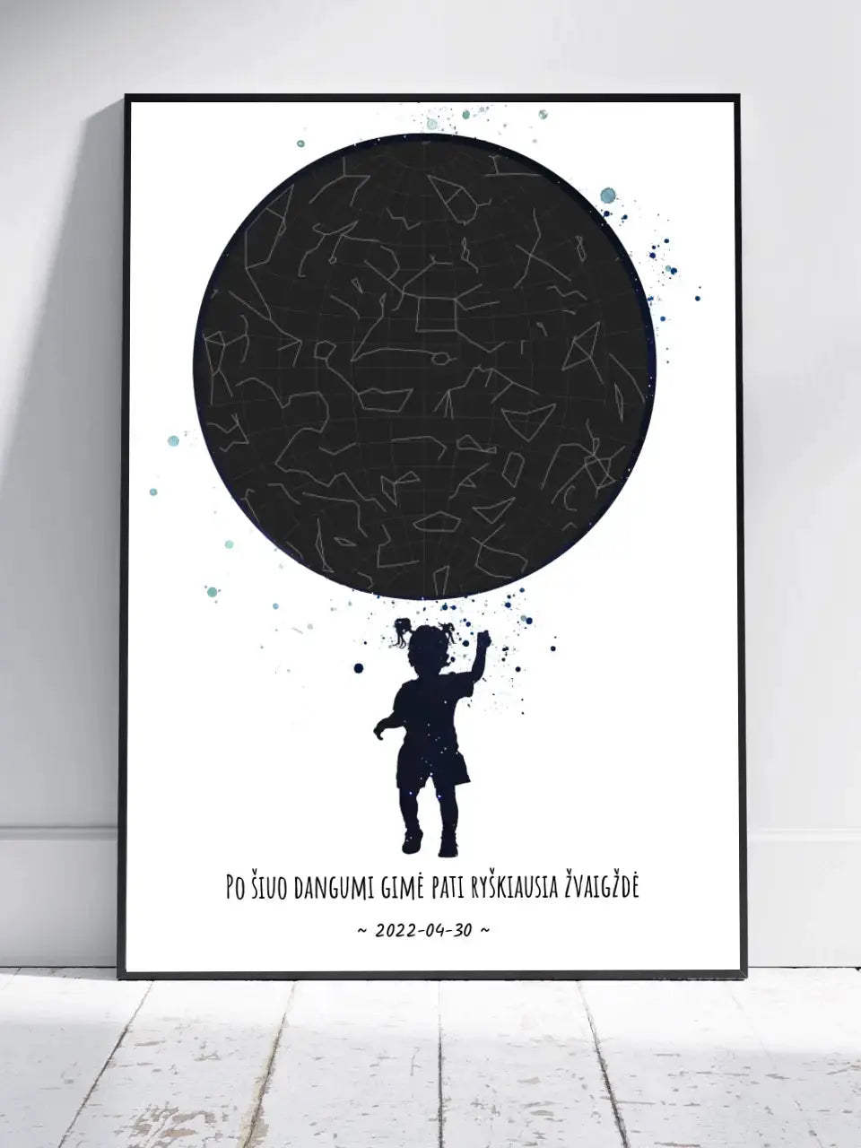 Personalizuotas vaikiškas žvaigždžių žemėlapis mergaitei, plakatas su rėmeliu Poster - dovanokis.lt
