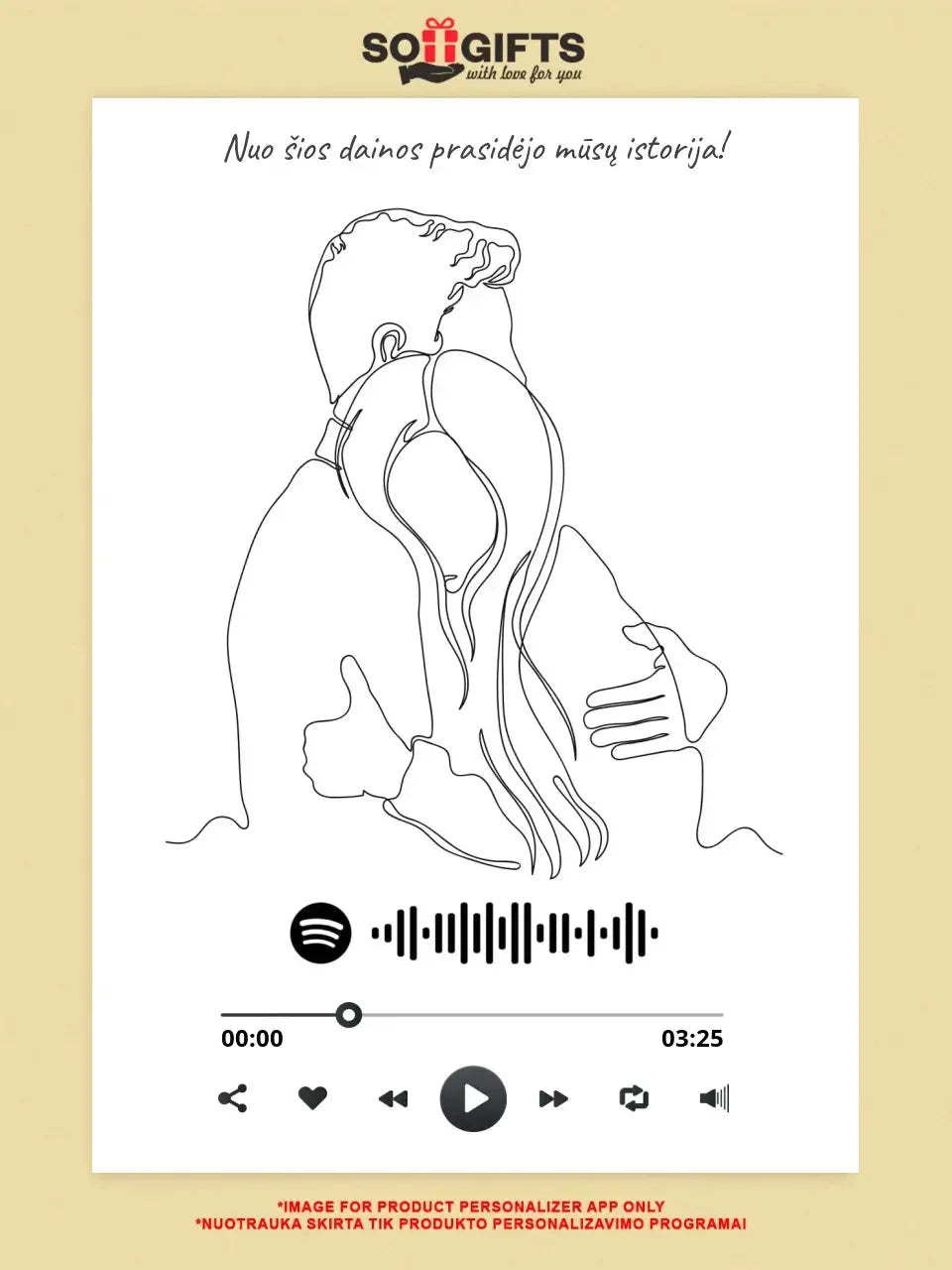 Personalizuotas Spotify muzikos grotuvo plakatas, šilti apkabinimai iliustracija, su jūsų spotify kodu Poster - dovanokis.lt