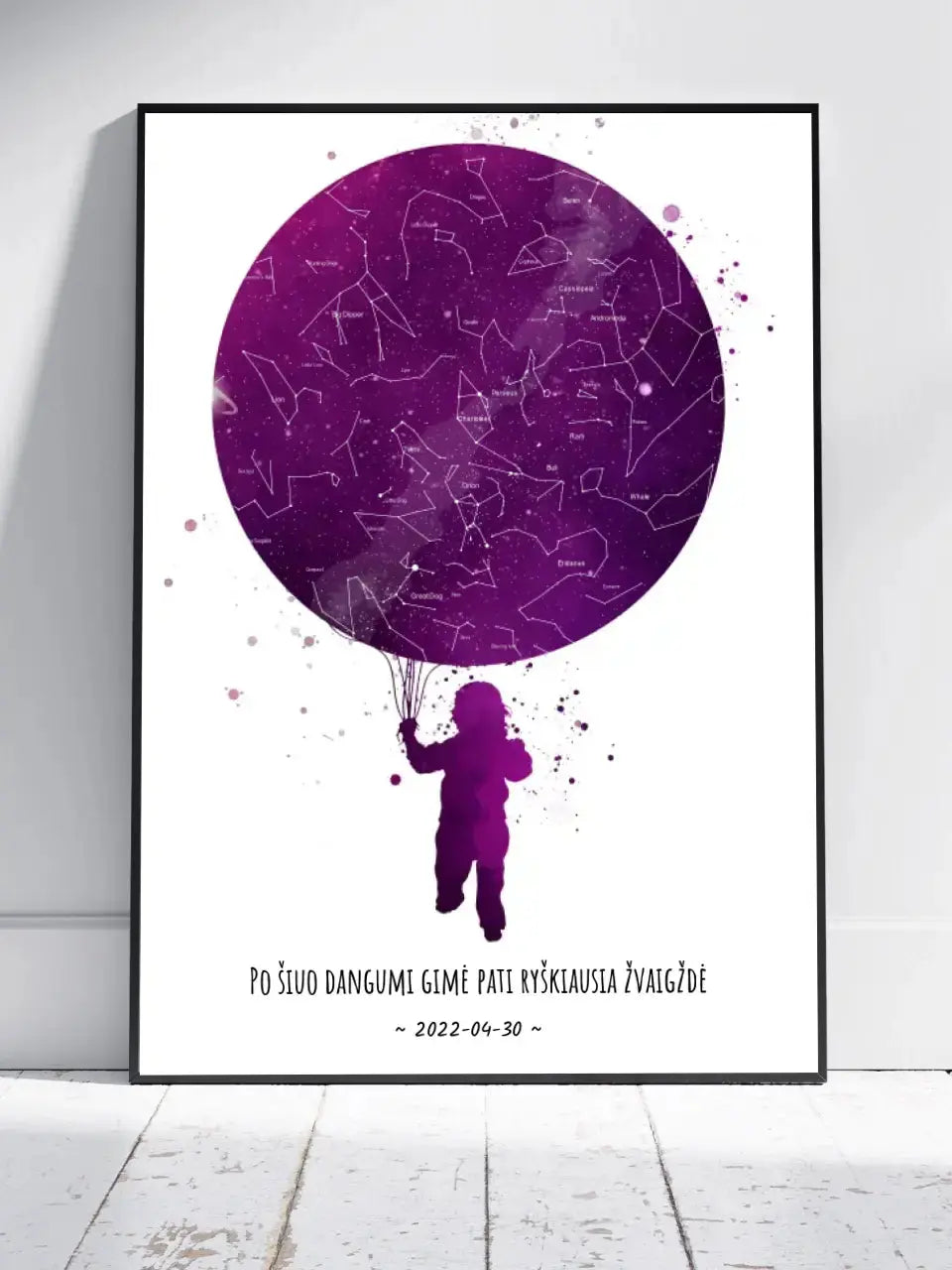 Personalizuotas vaikiškas žvaigždžių žemėlapis, plakatas su rėmeliu Poster - dovanokis.lt