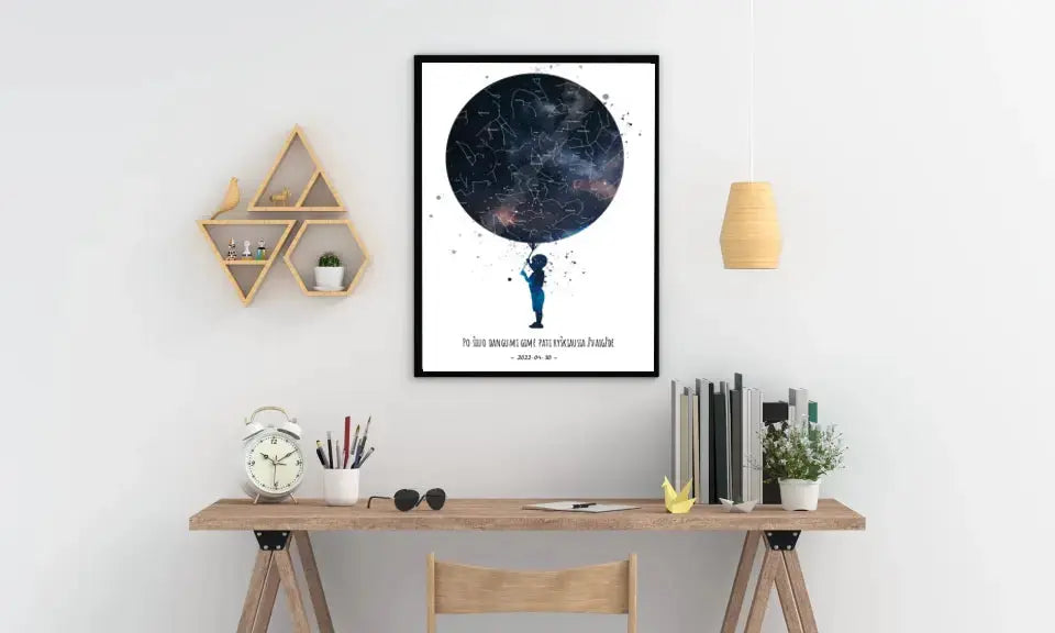 Personalizuotas vaikiškas žvaigždžių žemėlapis berniukui, plakatas su rėmeliu Poster - dovanokis.lt
