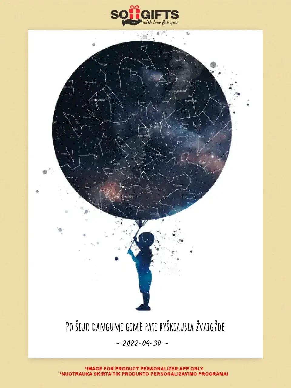 Personalizuotas vaikiškas žvaigždžių žemėlapis berniukui, plakatas su rėmeliu Poster - dovanokis.lt