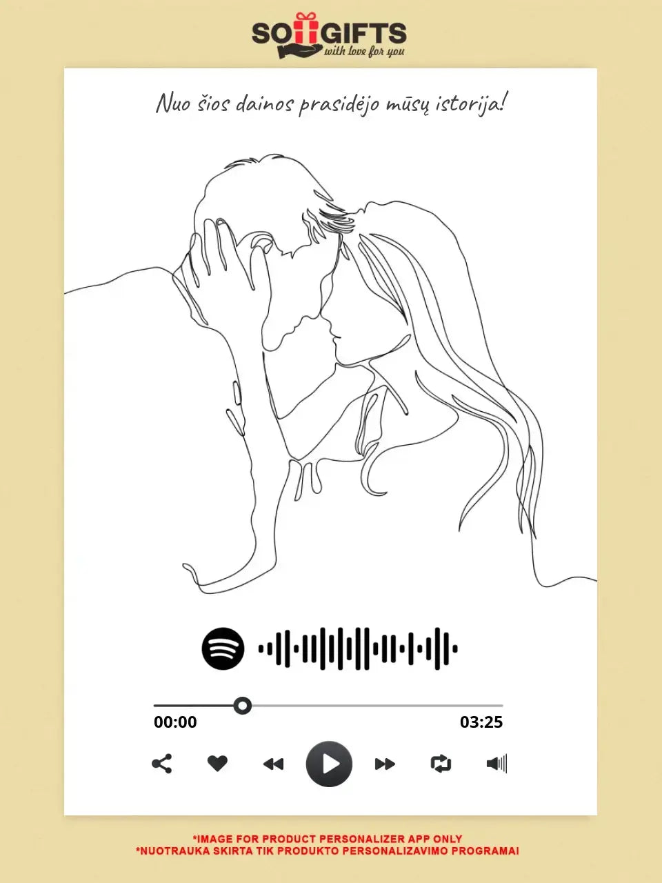 Personalizuotas Spotify muzikos grotuvo su iliustracija plakatas su jūsų nuotrauka, daina ir spotify kodu Poster - dovanokis.lt