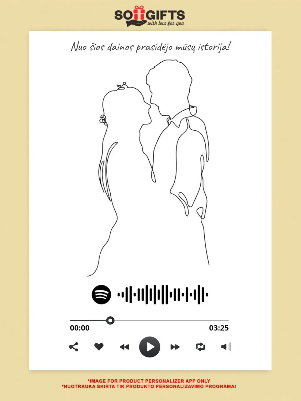 Personalizuotas Spotify muzikos grotuvo su iliustracija plakatas su jūsų nuotrauka, daina ir spotify kodu Poster - dovanokis.lt