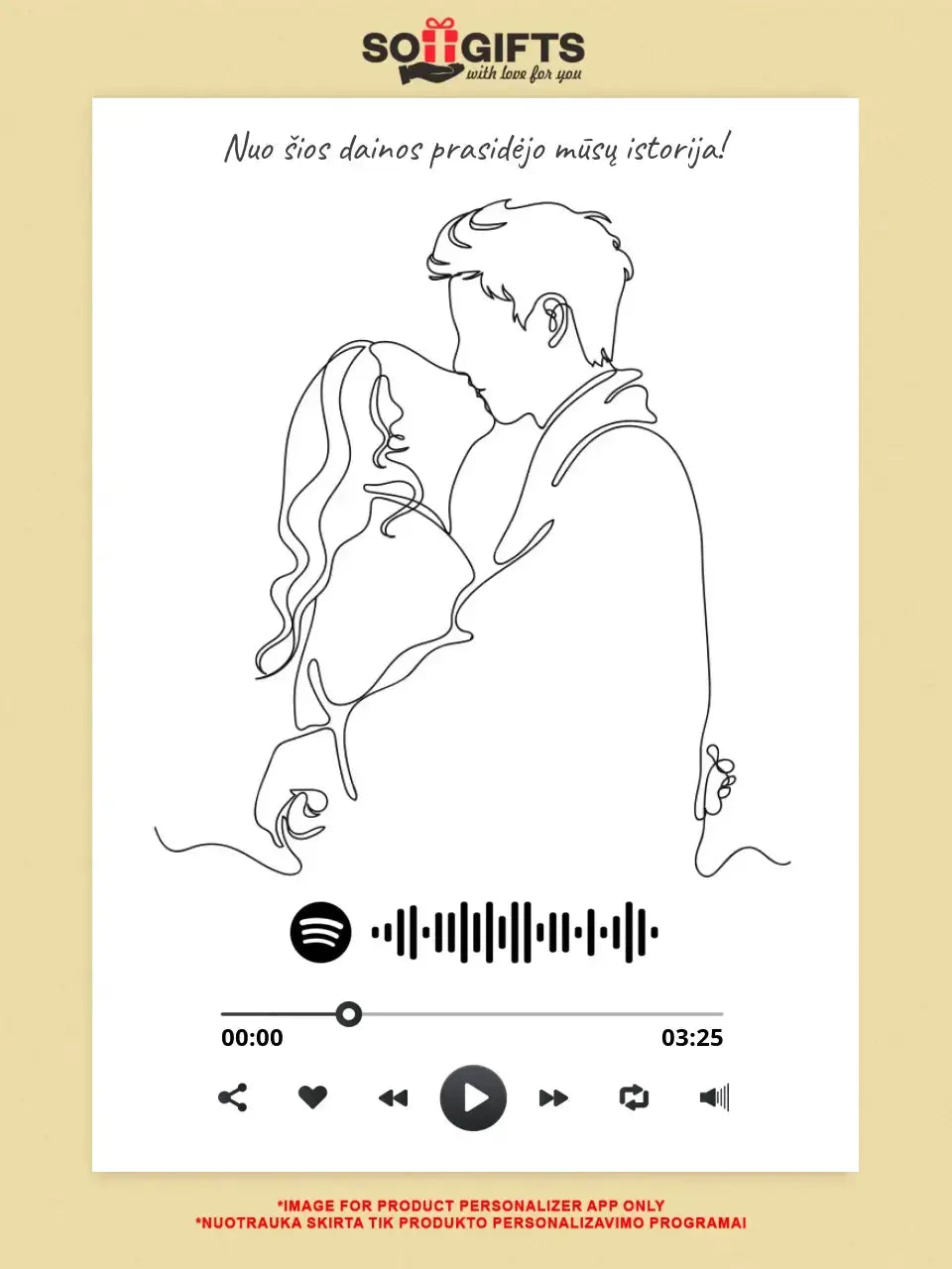 Personalizuotas Spotify muzikos grotuvo su iliustracija plakatas su jūsų nuotrauka, daina ir spotify kodu Poster - dovanokis.lt