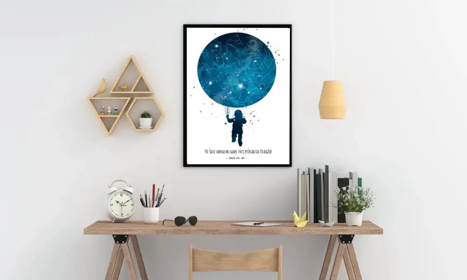 Personalizuotas vaikiškas žvaigždžių žemėlapis berniukui, plakatas su rėmeliu Poster - dovanokis.lt