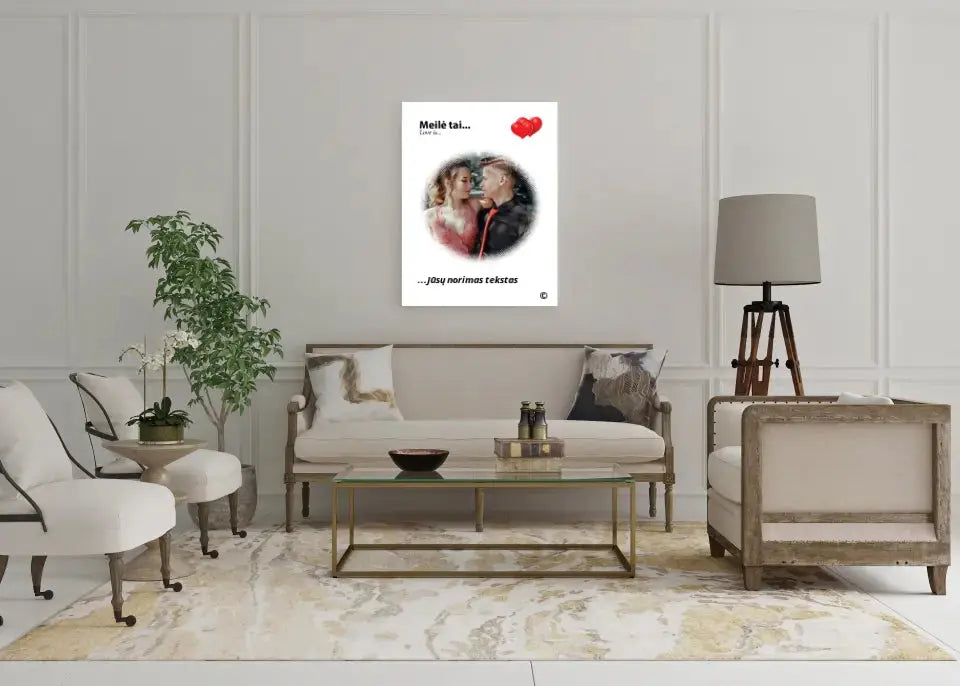 Personalizuotas "Love is" dizaino kūrinys ant drobės su jūsų nuotrauka ir citata Drobe - dovanokis.lt