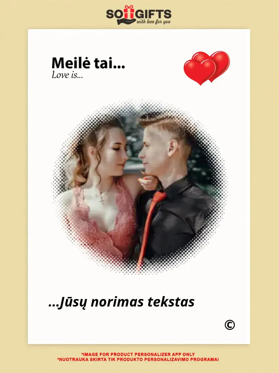 Personalizuotas "Love is" dizaino kūrinys ant drobės su jūsų nuotrauka ir citata Drobe - dovanokis.lt