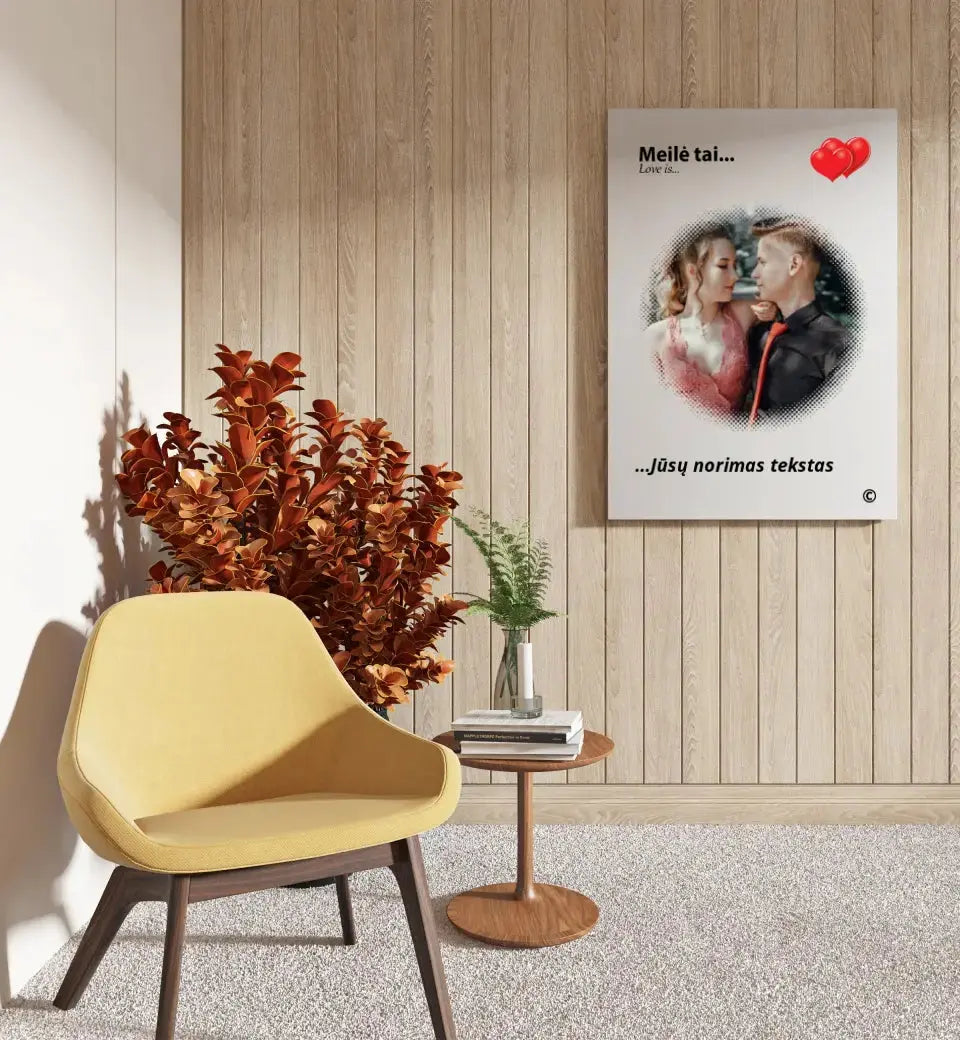 Personalizuotas "Love is" dizaino kūrinys ant drobės su jūsų nuotrauka ir citata Drobe - dovanokis.lt