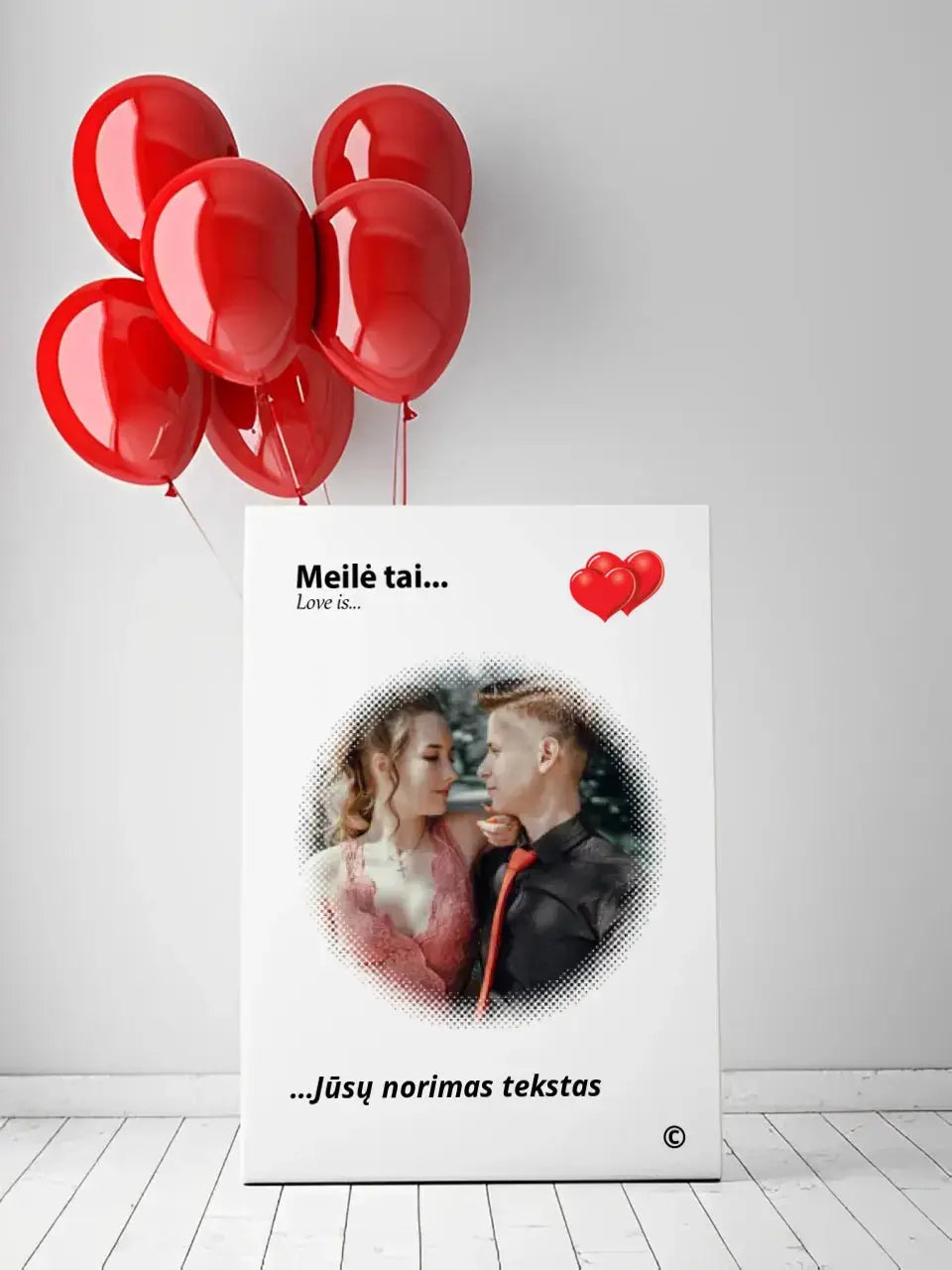 Personalizuotas "Love is" dizaino kūrinys ant drobės su jūsų nuotrauka ir citata Drobe - dovanokis.lt
