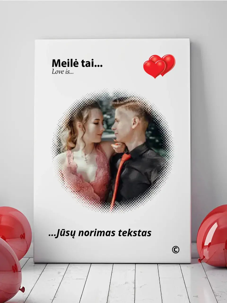 Personalizuotas "Love is" dizaino kūrinys ant drobės su jūsų nuotrauka ir citata Drobe - dovanokis.lt