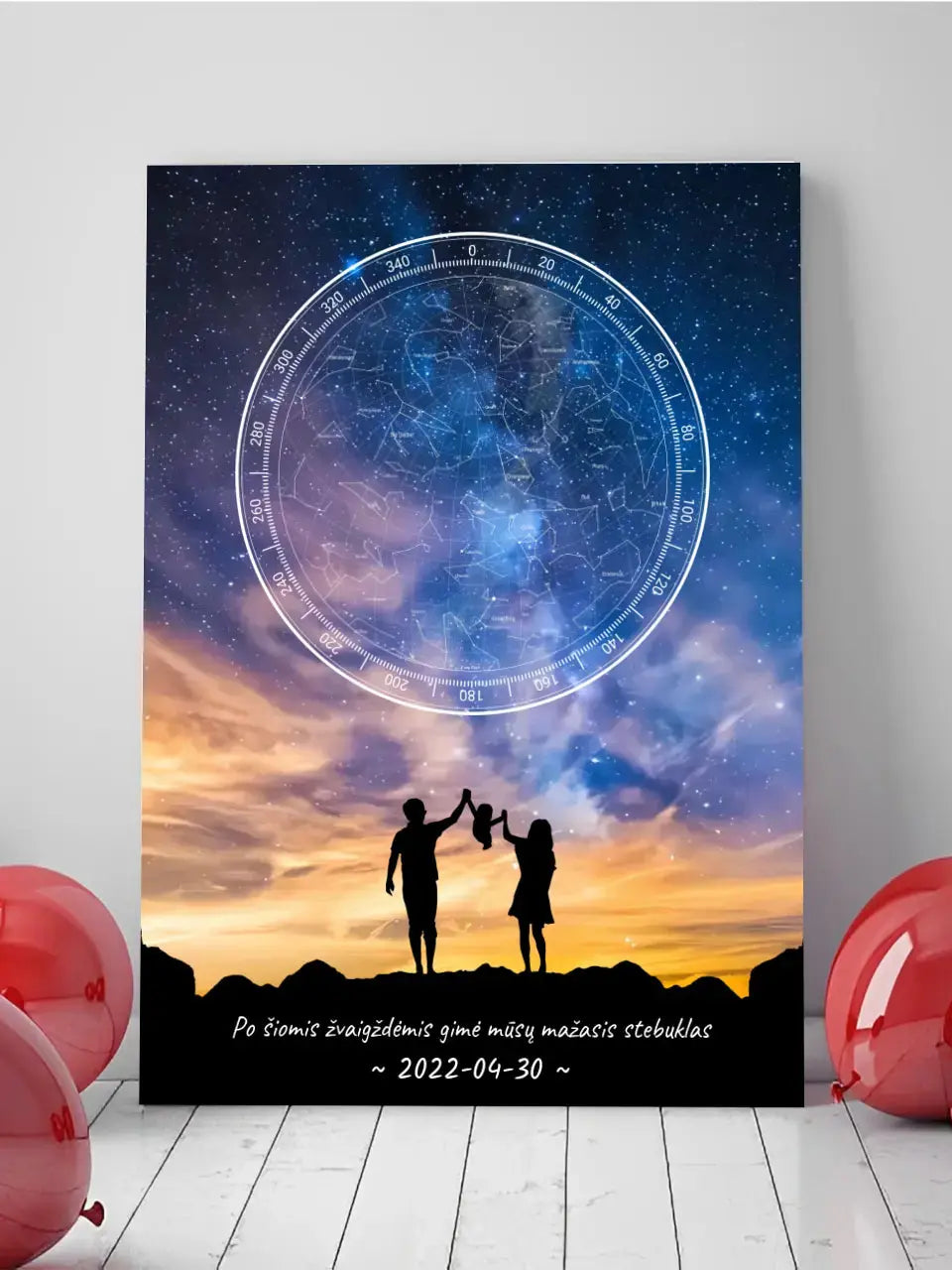 Personalizuotas žvaigždžių žemėlapis ant drobės, su šeimos pasirinktu siluetu Drobe - dovanokis.lt