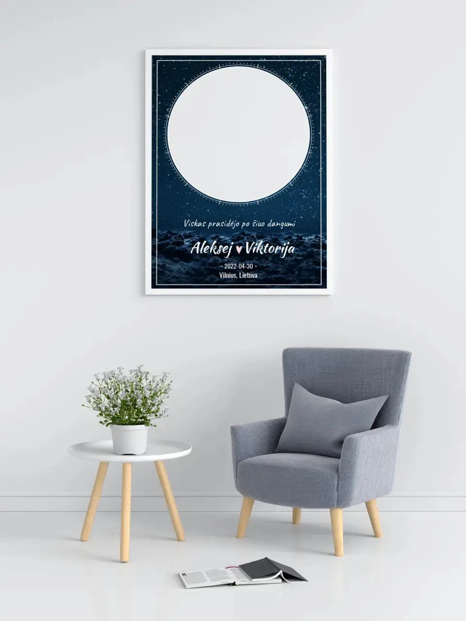 Personalizuotas žvaigždžių žemėlapis su mėlynu fonu, plakatas su rėmeliu Poster - dovanokis.lt