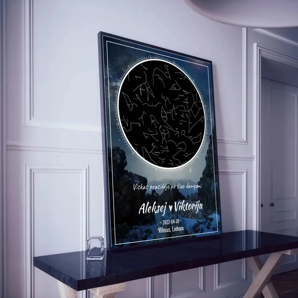 Personalizuotas žvaigždžių žemėlapis, plakatas su rėmeliu Poster - dovanokis.lt