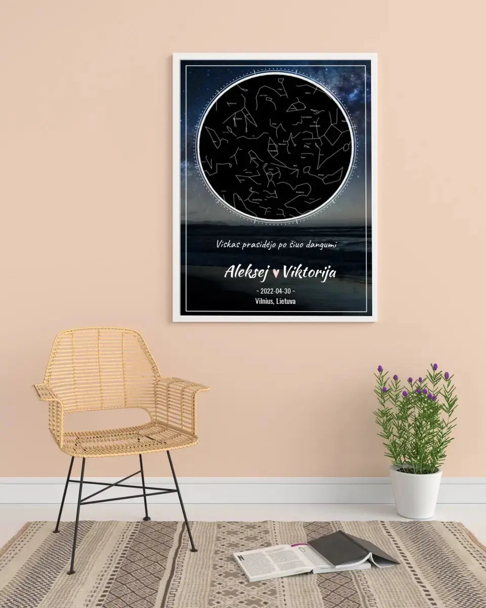 Personalizuotas žvaigždžių žemėlapis, plakatas su rėmeliu Poster - dovanokis.lt