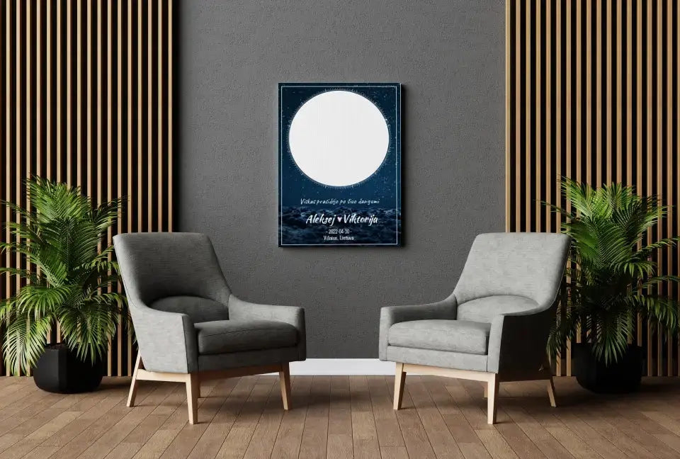 Personalizuotas žvaigždžių žemėlapis su mėlynu fonu ant drobės Drobe - dovanokis.lt